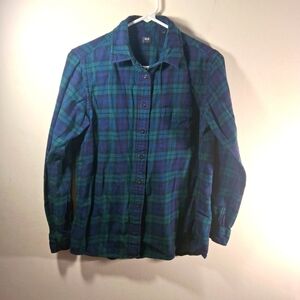 Uni Qlo Women's Green & Navy Blue Plaid Button Down Lightweight Flannel Shirt XS